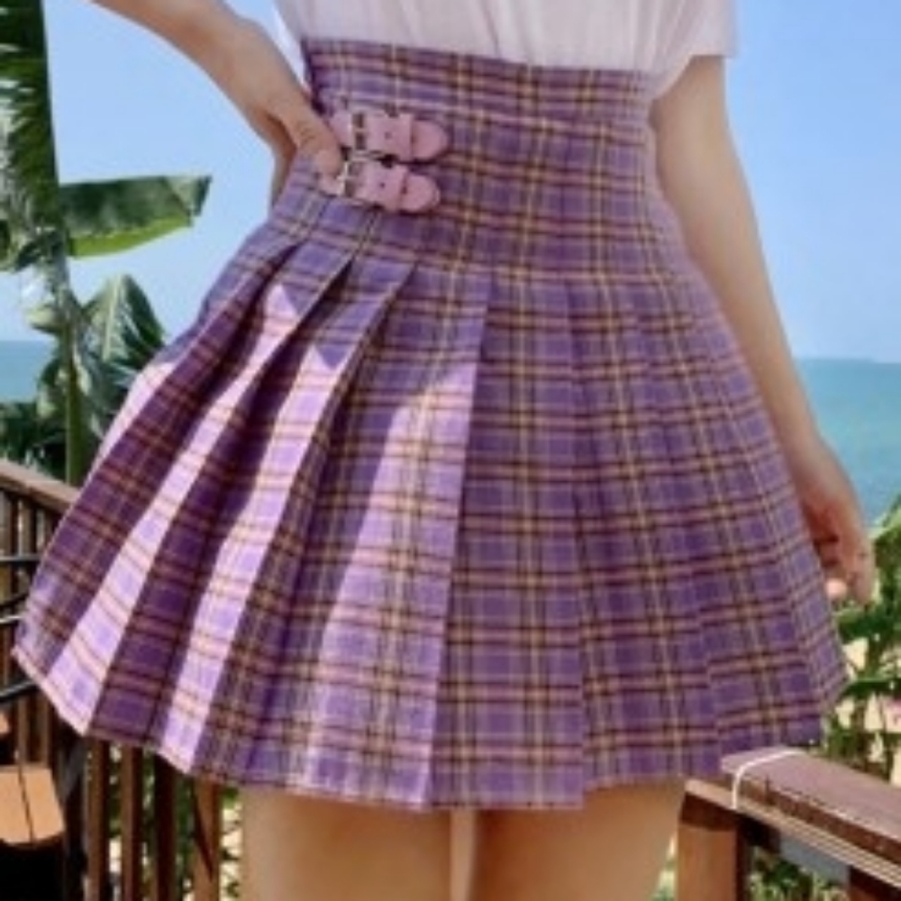 Dolls Kill Purple Plaid A-Line Skirt with Pink Buckles Pastel Goth Kawaii